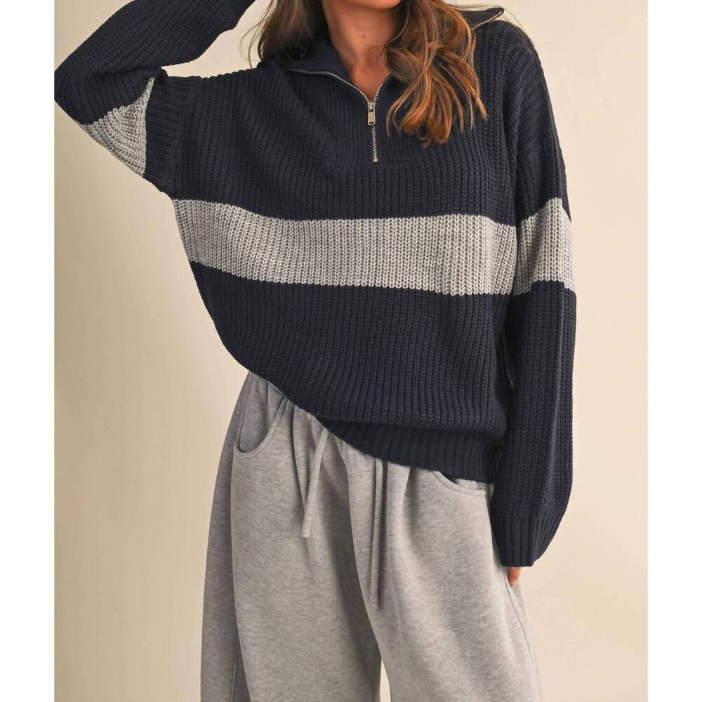 NEW KLESIS long sleeve contrast stripe half zip sweater top in dark navy/ heathe